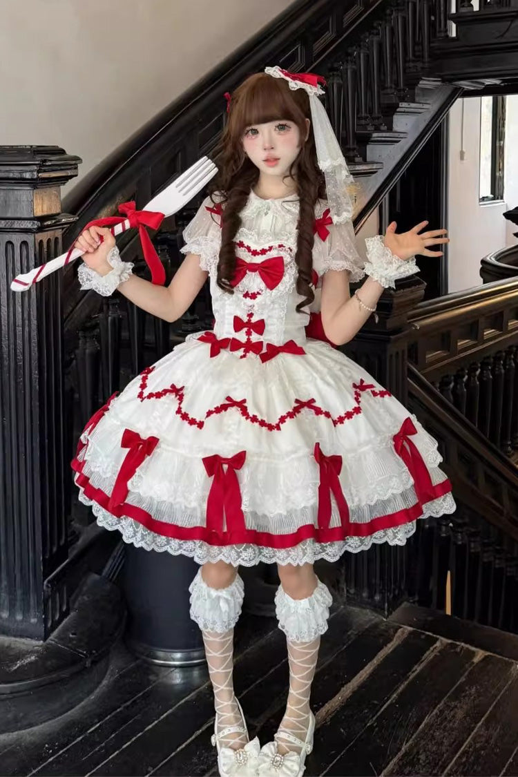 Red/White [Scarlet Heart Cocoa] Sleeveless Triple-Layered Ruffle Embroidery Bowknot Lace Sweet Lolita Jsk Dress