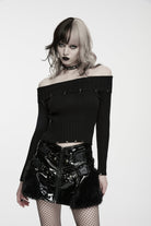 Black Off Shoulder Long Sleeves Women's Punk Ribbed  Sweater
