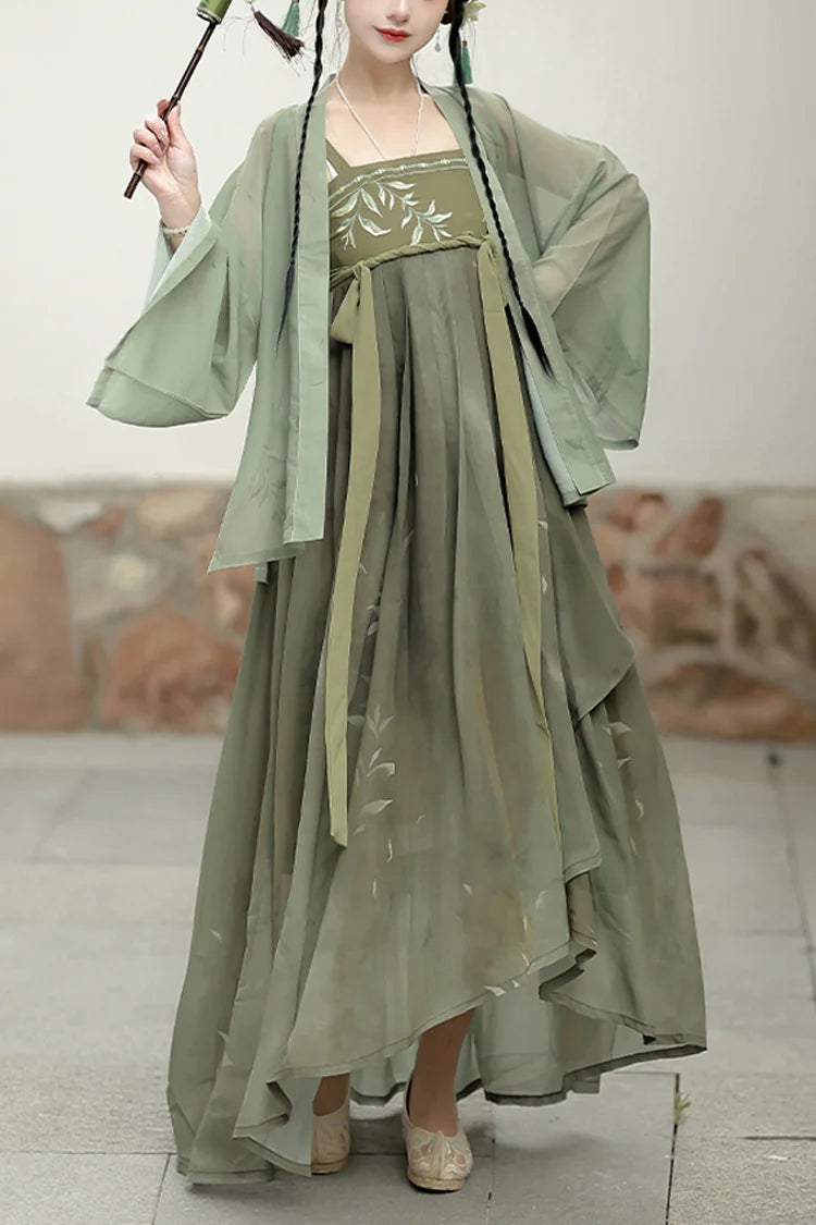 Green High Waisted Embroidery Sweet Chinese Style Hanfu Jsk Dress Full Set