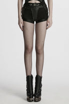 Black Stitching Faux Leather Mesh Studded Women's Punk Shorts