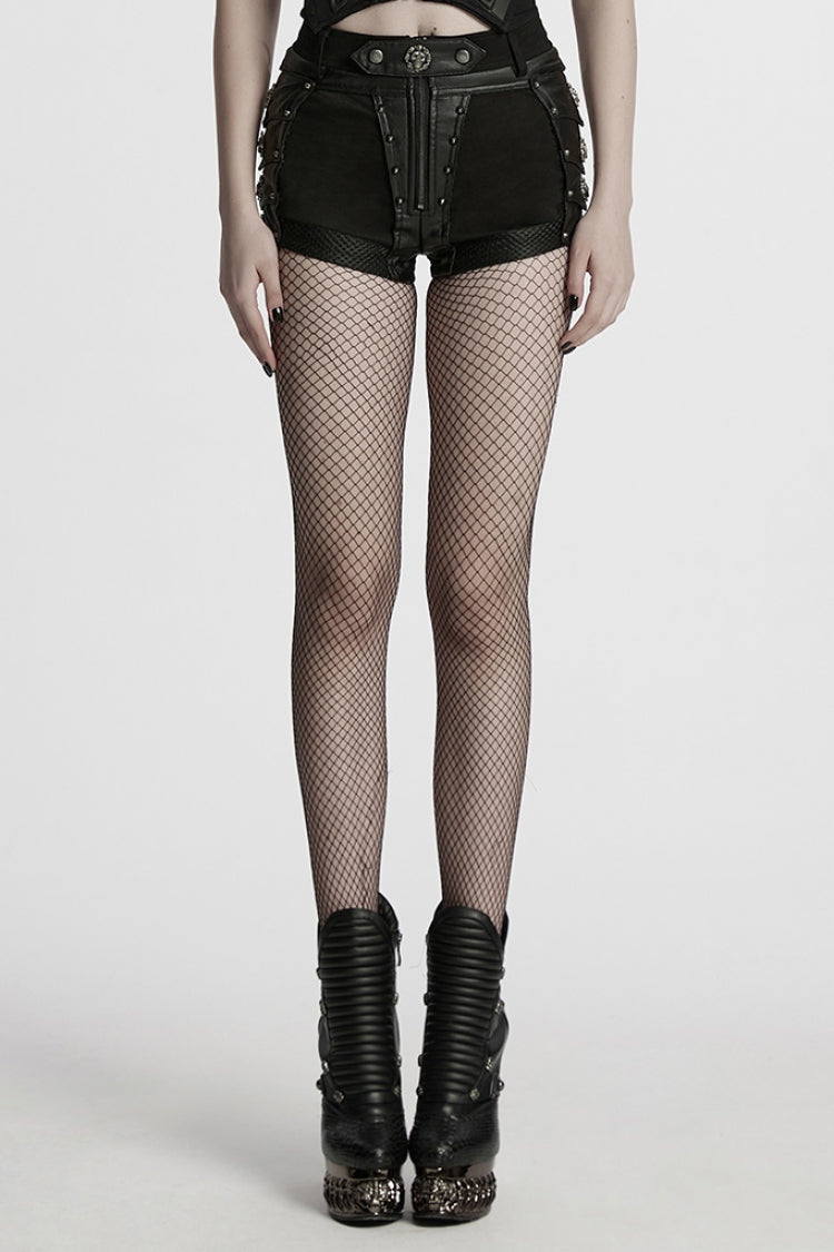 Black Stitching Faux Leather Mesh Studded Women's Punk Shorts