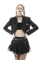 Black Lapel Collar Long Sleeves Chain-Decorated Women's Punk Irregular Short Jacket