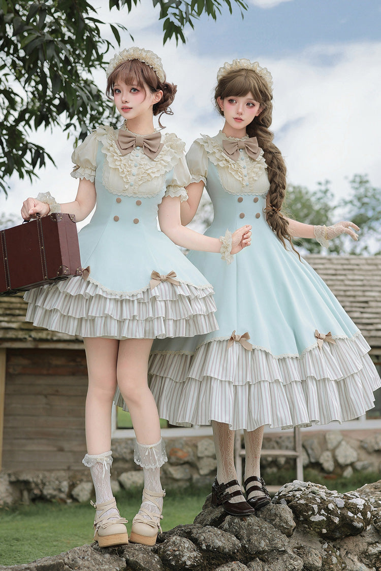 Blue [Sea Salt Snow Cap] Stand Collar Short Sleeves Petal Hem Ruffled Bow Sweet Lolita Dress Set 2 Versions