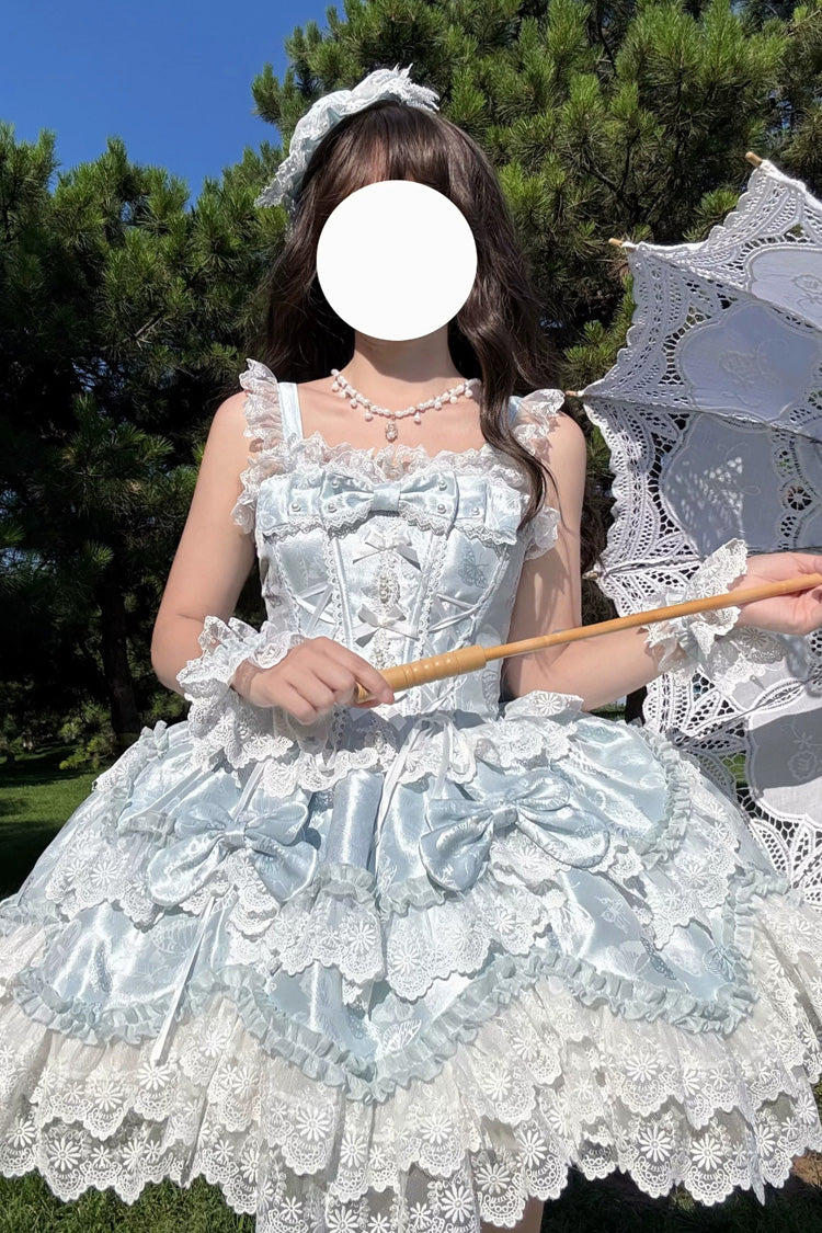 Blue [Realm of Sea Moon] Square Collar Sleeveless Multi-Layered Jacquard Ruffled Bow Lace Lace-Up Sweet Lolita Jsk Dress