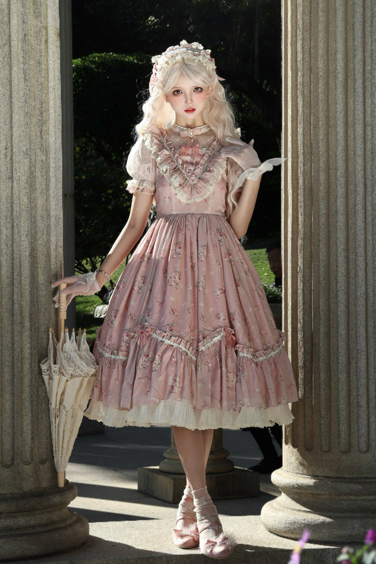 [Daydream Rose] Short Sleeves Floral Jacquard Print Ruffle Embroidery Bowknot Sweet Lolita Dress 3 Colors