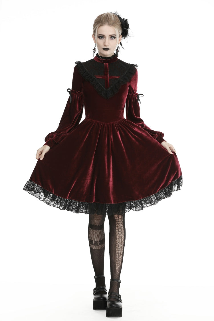 Red Vintage Long Sleeves Lace Collar Cross Women's Gothic Velet Dress