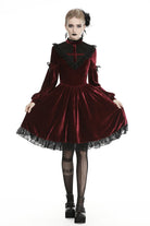 Red Vintage Long Sleeves Lace Collar Cross Women's Gothic Velet Dress