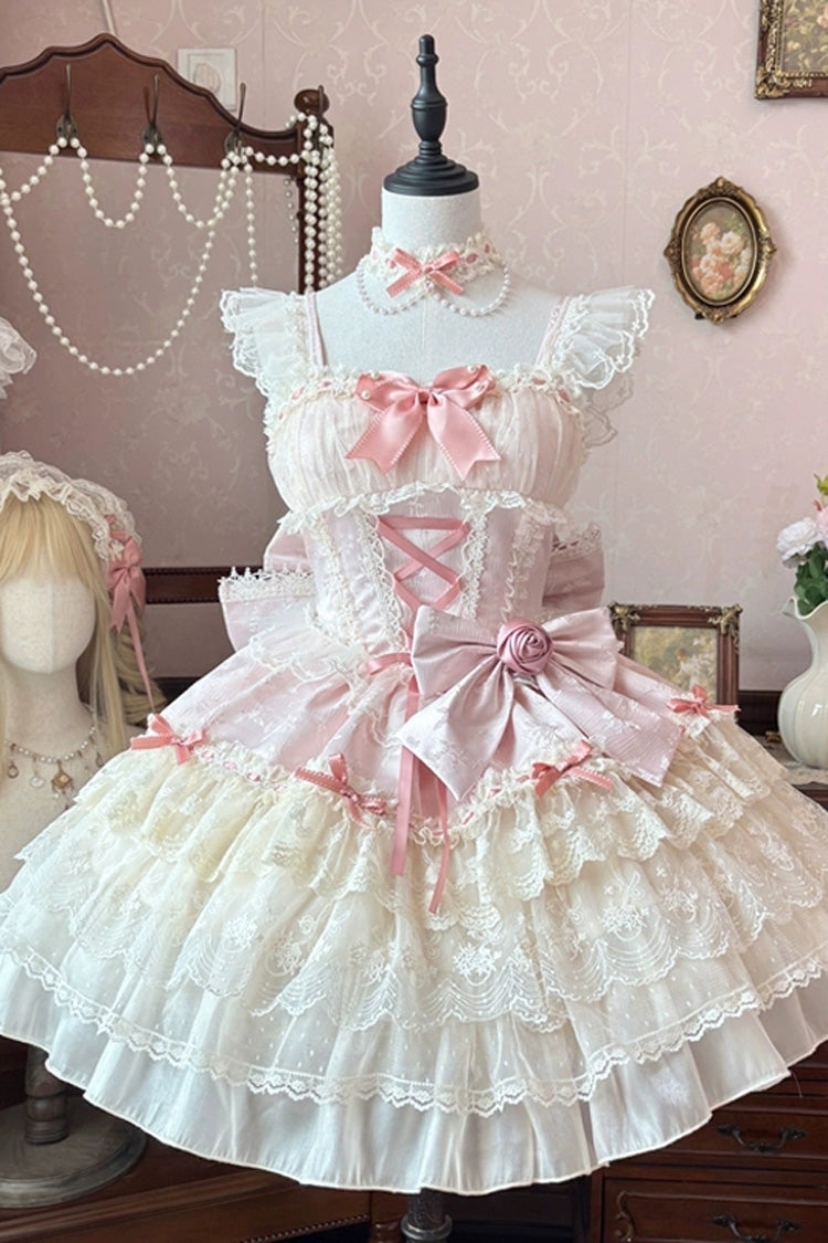 Pink [Rose Canticle] Sleeveless Multi-Layered Bowknot Lace Lace-Up Pearl Ballet Sweet Lolita Jsk Dress