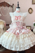Pink [Rose Canticle] Sleeveless Multi-Layered Bowknot Lace Lace-Up Pearl Ballet Sweet Lolita Jsk Dress
