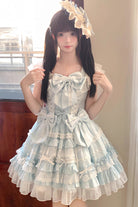 Blue [Snow Top Doll] Sleeveless Multi-Layered Ruffled Bow Lace Princess Sweet Lolita Tiered Dress