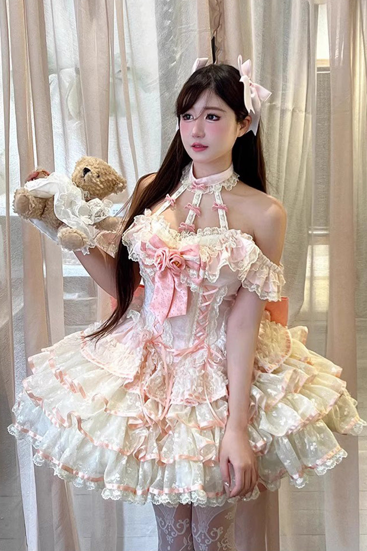 Pink [Flower Language of Eros] Halterneck Multi-Layered Ruffle Bowknot Rose Lace Lace-Up Sweet Ballet Lolita Jsk Dress