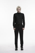 Black Spliced Lace-Up Slim Buckled Men's Gothic Pants