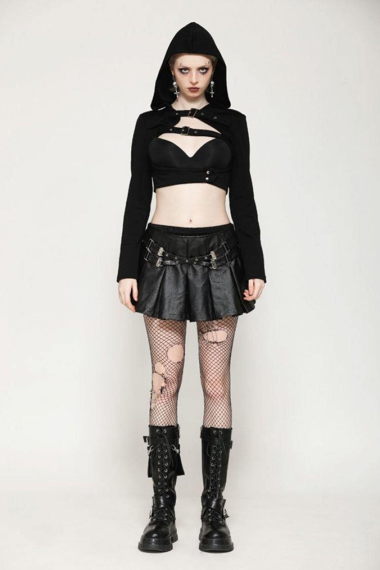 Black Long Sleeves Cut-Out Buckled Women's Punk Shrug with Hood