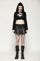 Black Long Sleeves Cut-Out Buckled Women's Punk Shrug with Hood