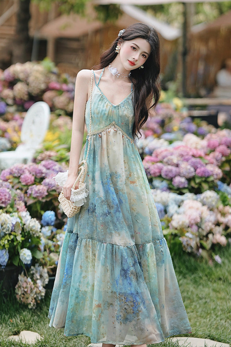 Blue/Green V Collar Sleeveless Oil Painting Printed Classic Lolita Jsk Dress