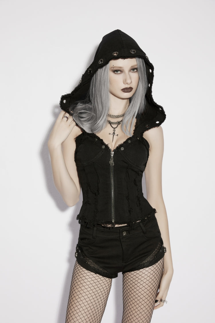 Black Slim Hooded Buckled Zippered Women's Punk Cool Vest