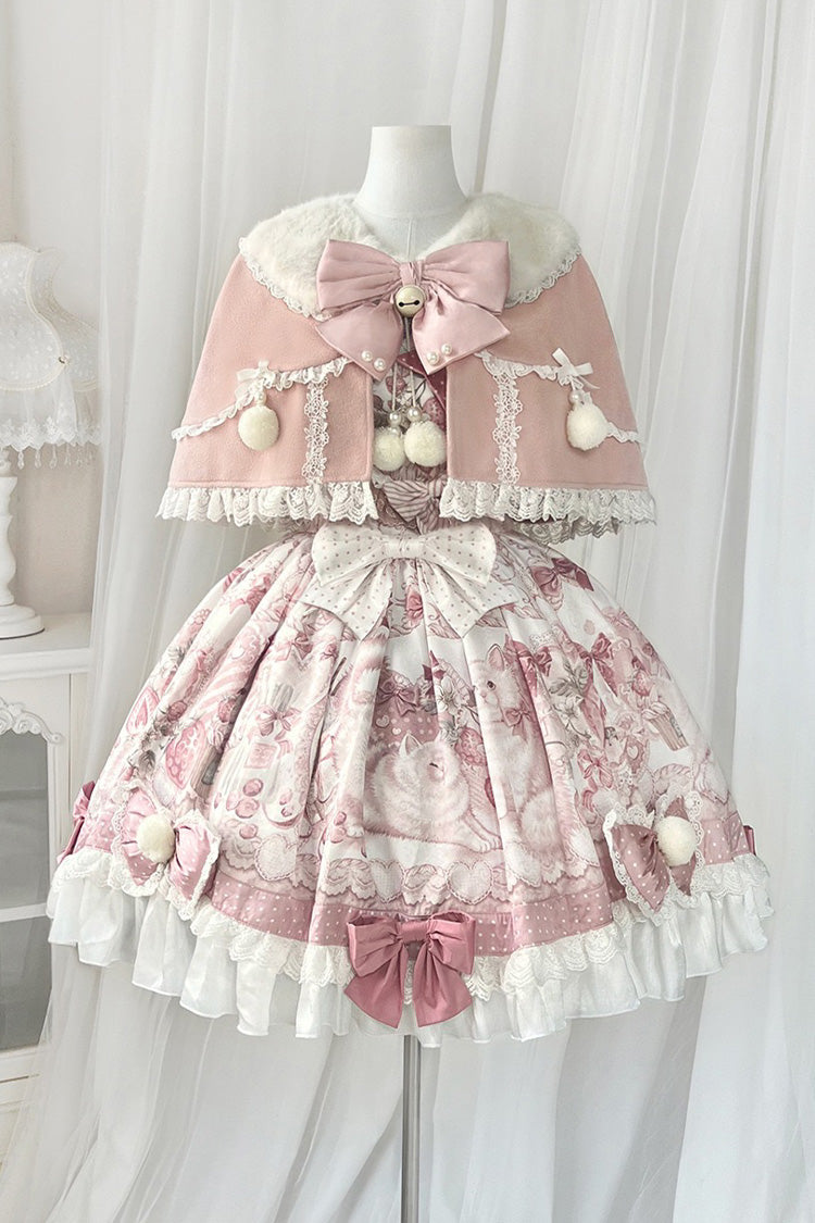 Pink [Sweet Dessert Cat] Print Ruffle Bowknot Lace Sweet Princess Lolita Dress Set