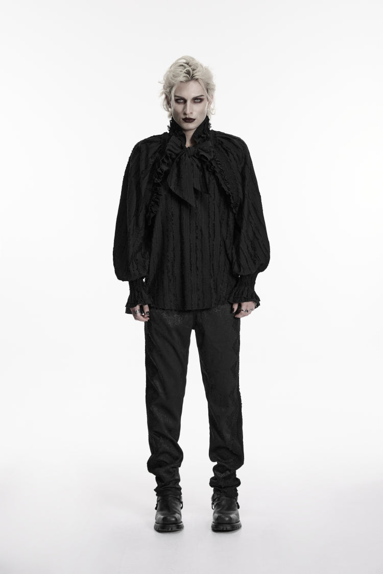Black Stand Collar Long Lantern Sleeves Bow Lace Pleated Men's Gothic Shirt