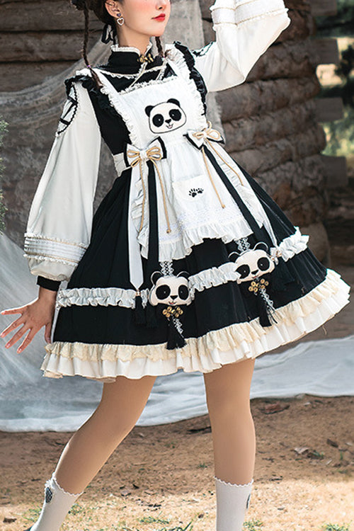 Black/White High Neck Lantern Sleeves Multi-Layer Ruffled Panda Bun Shop Sweet Lolita Op Dress