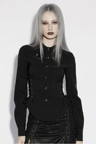 Black Lapel Collar Long Sleeves Lace-Up Slim Buckled Women's Gothic Blouse
