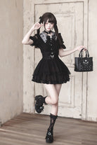 Black [Dreamy Love Ballad] Lapel Collar Short Sleeves Double-Layered Ruffled Cut-Out Bow Gothic Japanese Jirai Kei Skirt Set