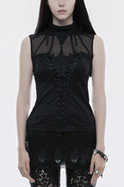 Black High Collar Sleeveless Stitching Lace Lace-Up Mesh Women's Gothic T-Shirt
