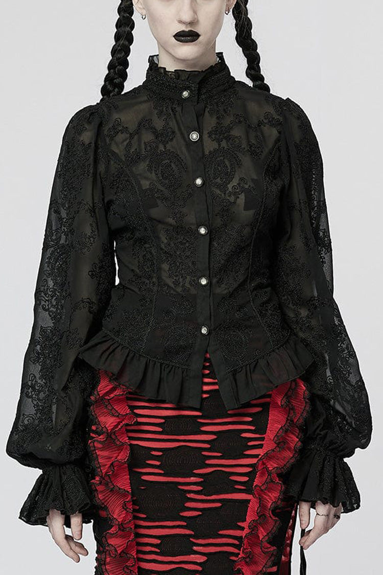 Stand Collar Long Puff Sleeves Embroidery Womens Gothic Blouse 2 Colors