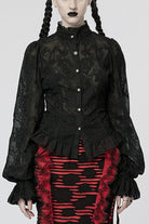 Stand Collar Long Puff Sleeves Embroidery Womens Gothic Blouse 2 Colors