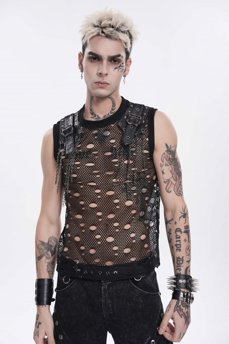 Black Round Collar Sleeveless Cut-Out Mesh Ripped Chain-Decorated Eyelet Men's Punk Cool Vest