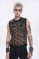Black Round Collar Sleeveless Cut-Out Mesh Ripped Chain-Decorated Eyelet Men's Punk Cool Vest
