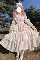 Pink Lapel Collar Long Sleeves High Waisted Multi-layer Bowknot Sweet Lolita Dress