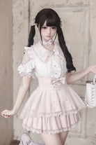 White/Pink [Dreamy Love Ballad] Lapel Collar Short Sleeves Double-Layered Ruffled Cut-Out Bow Gothic Japanese Jirai Kei Skirt Set