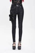 Black Print Buckle Straps Women's Punk Pants with Leg Bag