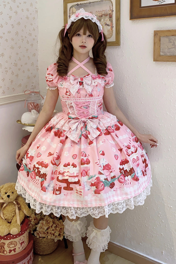 Pink [Strawberry Parfait] Print Short Sleeves Ruffle Bowknot Lace Lace-Up Sweet Lolita Dress