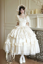 White [Letters and Poems] Square Collar Short Sleeves Ruffle Hanayome Bowknot Sweet Elegant Gorgeous Lolita Dress