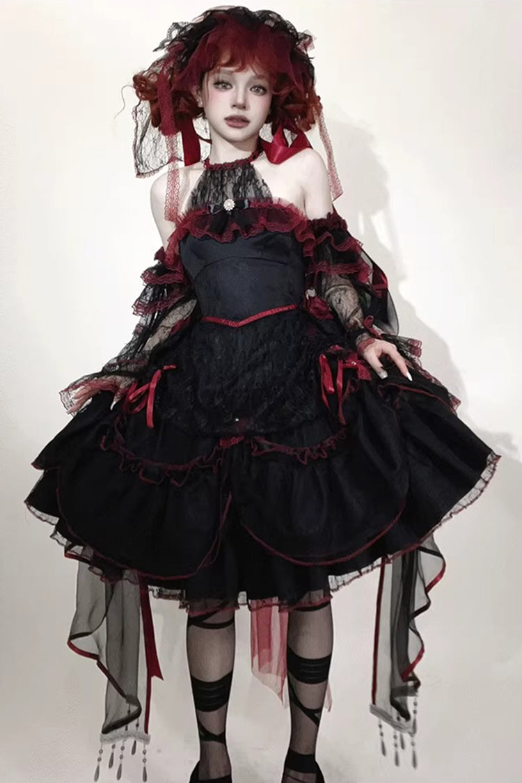 Black/Red [Layered Poem] Halterneck Sleeveless Multi-Layered Jacquard Hanayome Bow Lace Gothic Lolita Dress