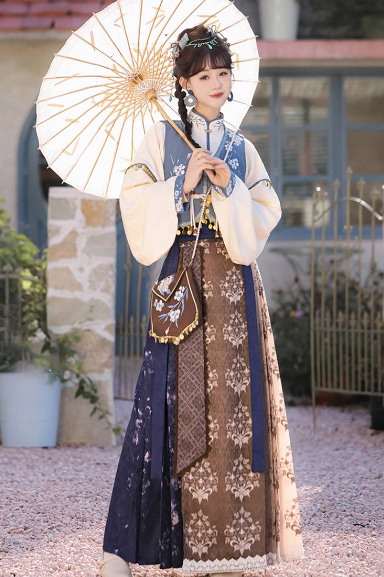 Multi-Color [Wind Of The Snowfield] Stand Collar Long Sleeves Printed Embroidered Women's Daily Sweet Hanfu Dress Set