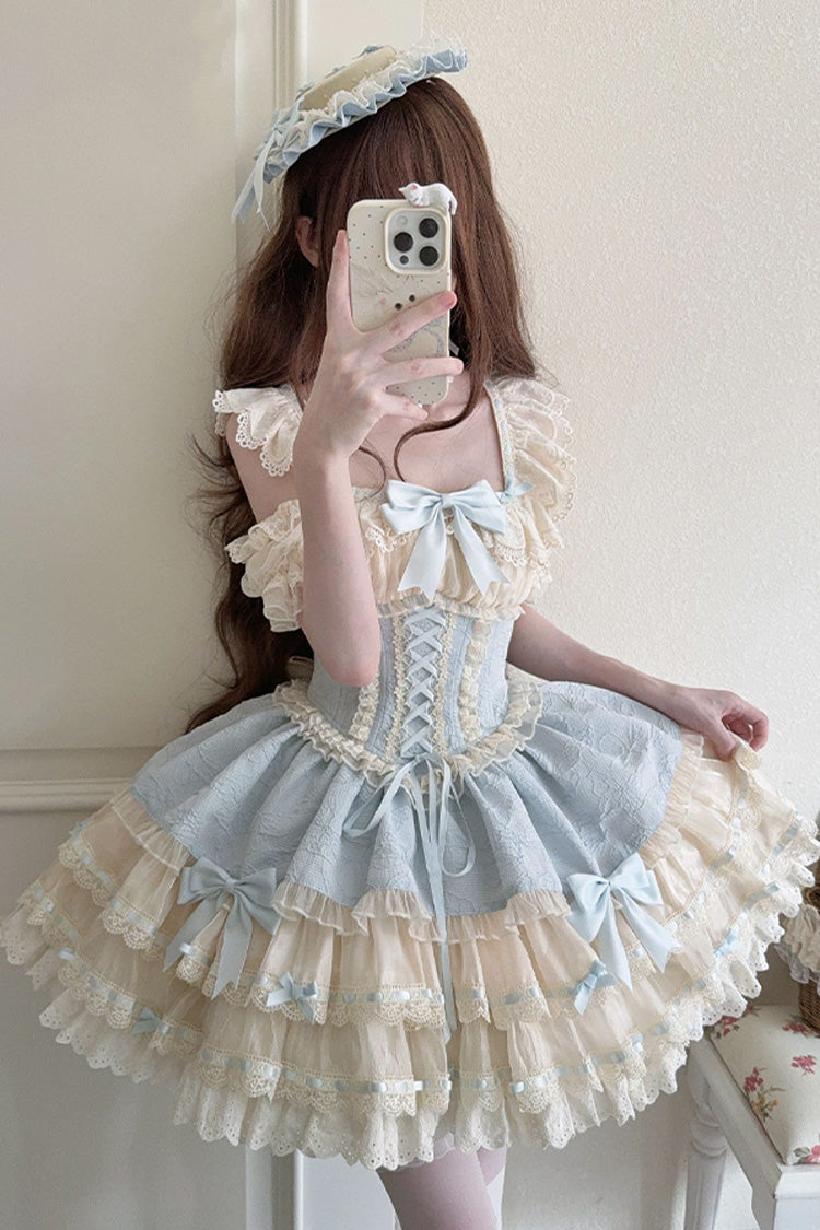 Blue [Flory Butterfly] Double-Layered Ruffle Bowknot Lace Lace-Up Sweet Ballet Lolita Jsk Dress