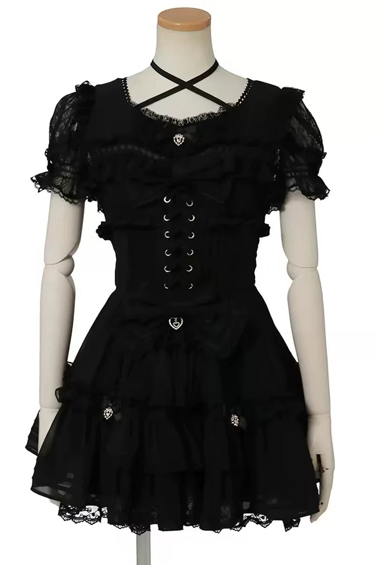 Jirai Kei Short Sleeves Triple-Layered Printed Ruffled Bow Lace-Up Sweet Japanese Dress Set 3 Colors