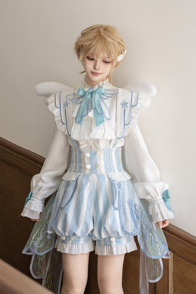 White/Blue [Angel’s Covenant] Stand Collar Long Sleeves Striped Printed Bow Gothic Ouji Lolita Suspender Shorts Set