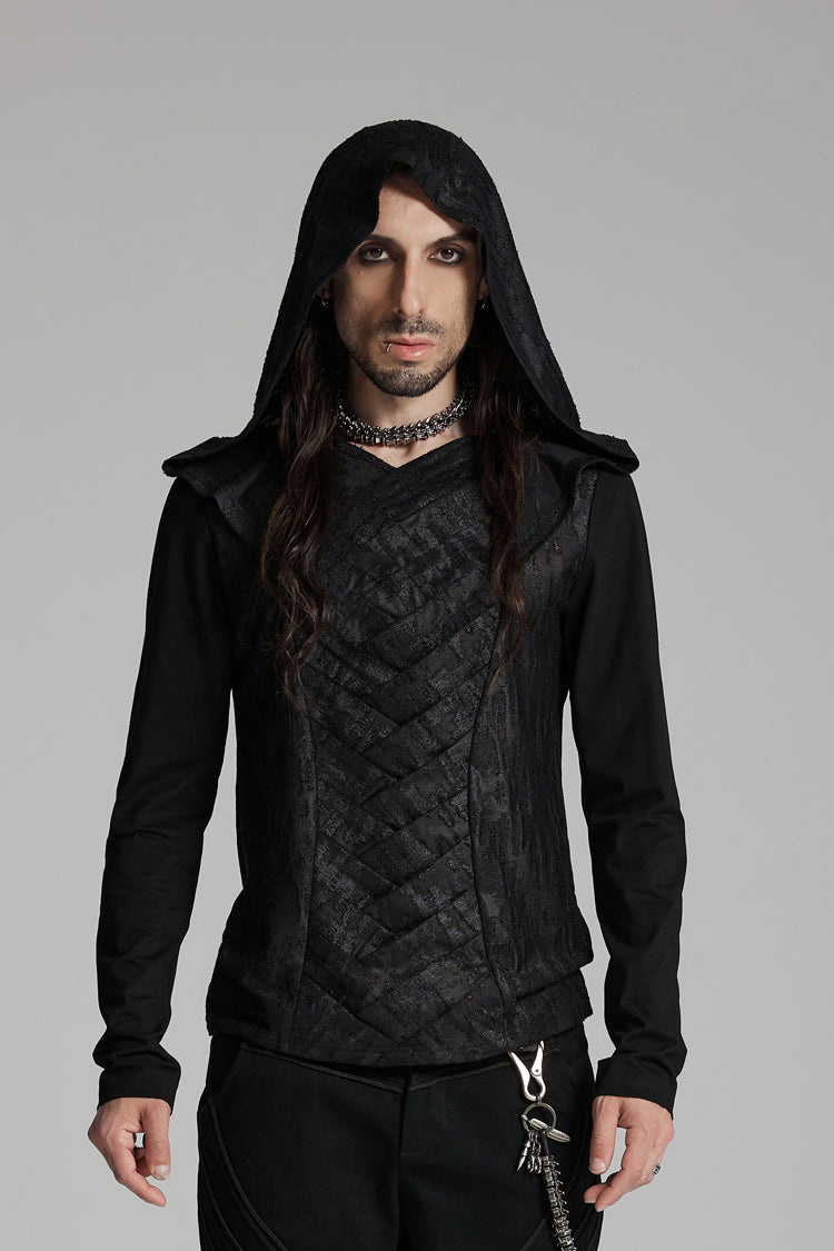 Black V Collar Long Sleeves Hooded Overlaping Mesh Men's Punk T-Shirt