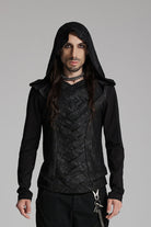 Black V Collar Long Sleeves Hooded Overlaping Mesh Men's Punk T-Shirt