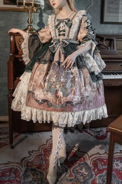 Multi-Color Retro Hime Sleeves Sacred Deer Print Classic Lolita OP Dress