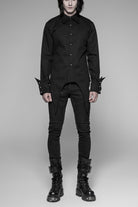 Black Long Sleeve Front Metal Pattern Buckle Sharp Corner Hem Men's Gothic Shirt