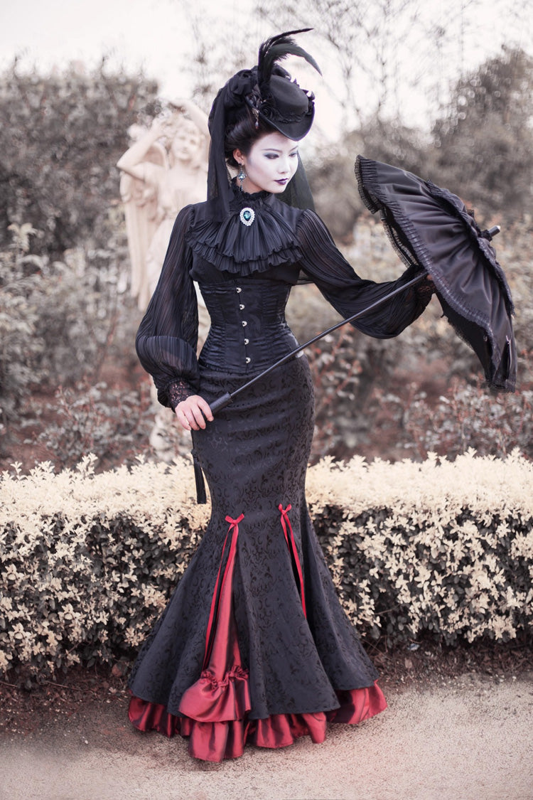 Black/Red [Lorelei] Double-Layered Print Ruffle Gothic Elegant Lolita Jacquard Mermaid Maxi Skirt