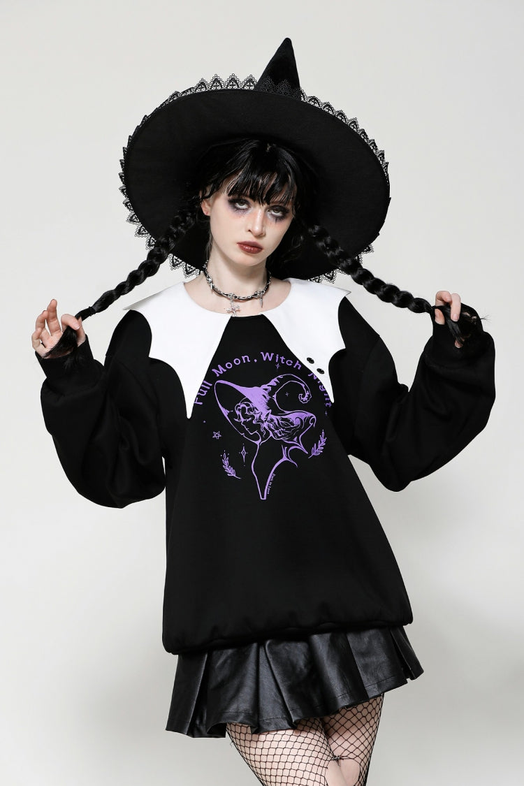 Black/White Point Peter Pan Collar Collar Long Sleeves Women's Gothic Vintage College Sweatshirt