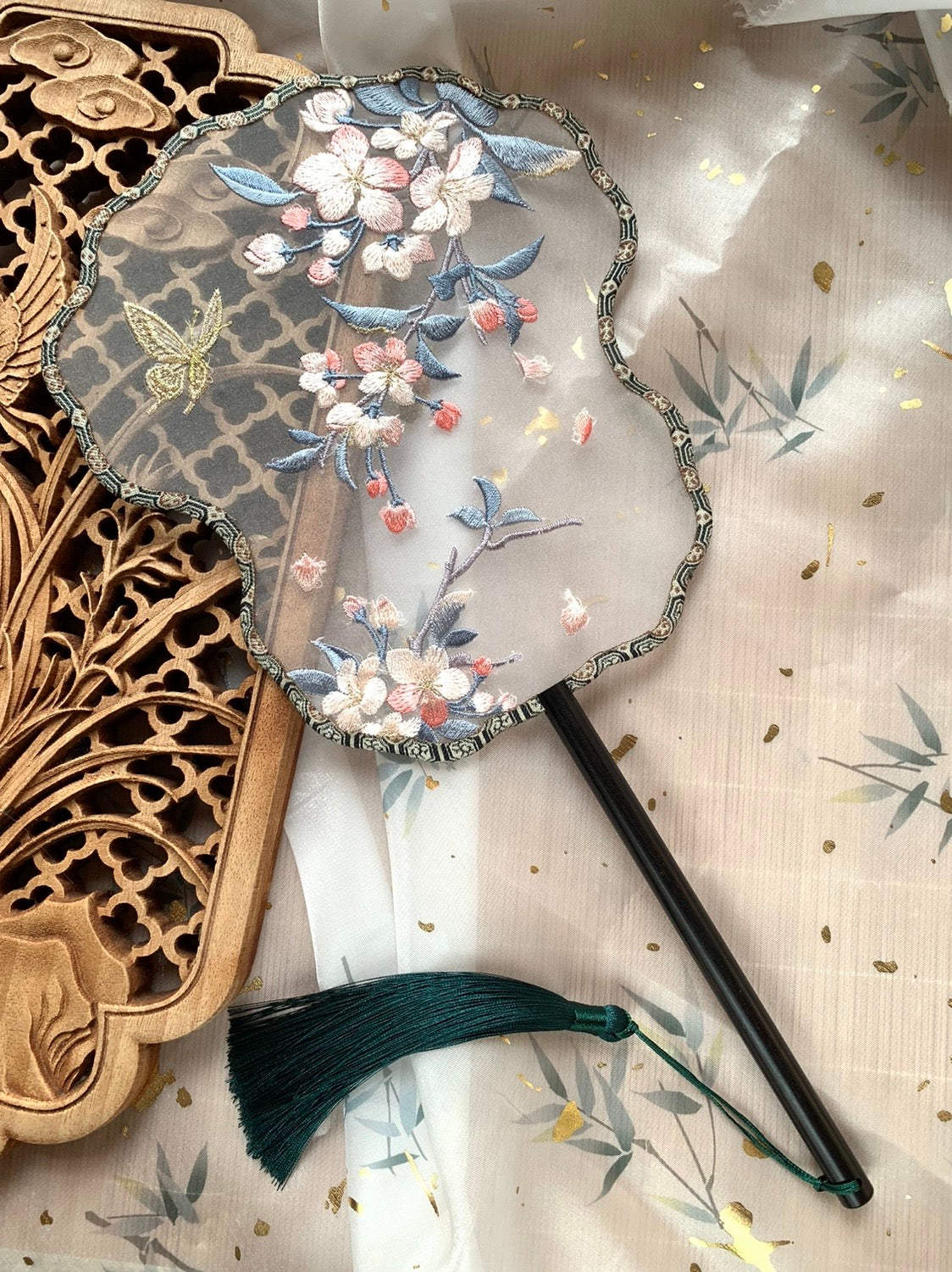 Crabapple Blossom & Butterfly Embroidered Chinese Fan