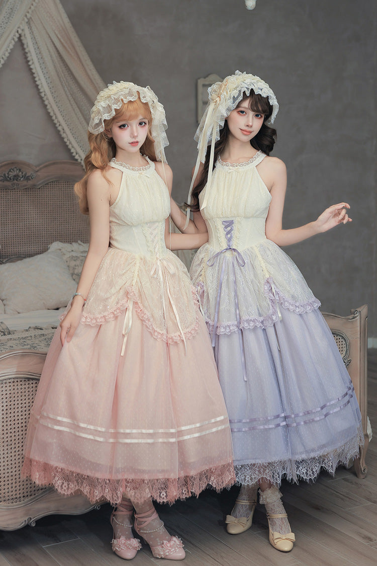 [Tulip Scent] Halterneck Sleeveless Printed Ruffled Lace Lace-Up Fishbone Sweet Lolita Jsk Dress Set (Pink/Purple 2 Colors)