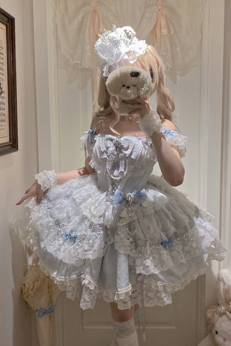 Blue [Anna’s Ball] Square Collar Ruffled Hanayome Bow Lace Sweet Princess Ballet Lolita Jsk Dress