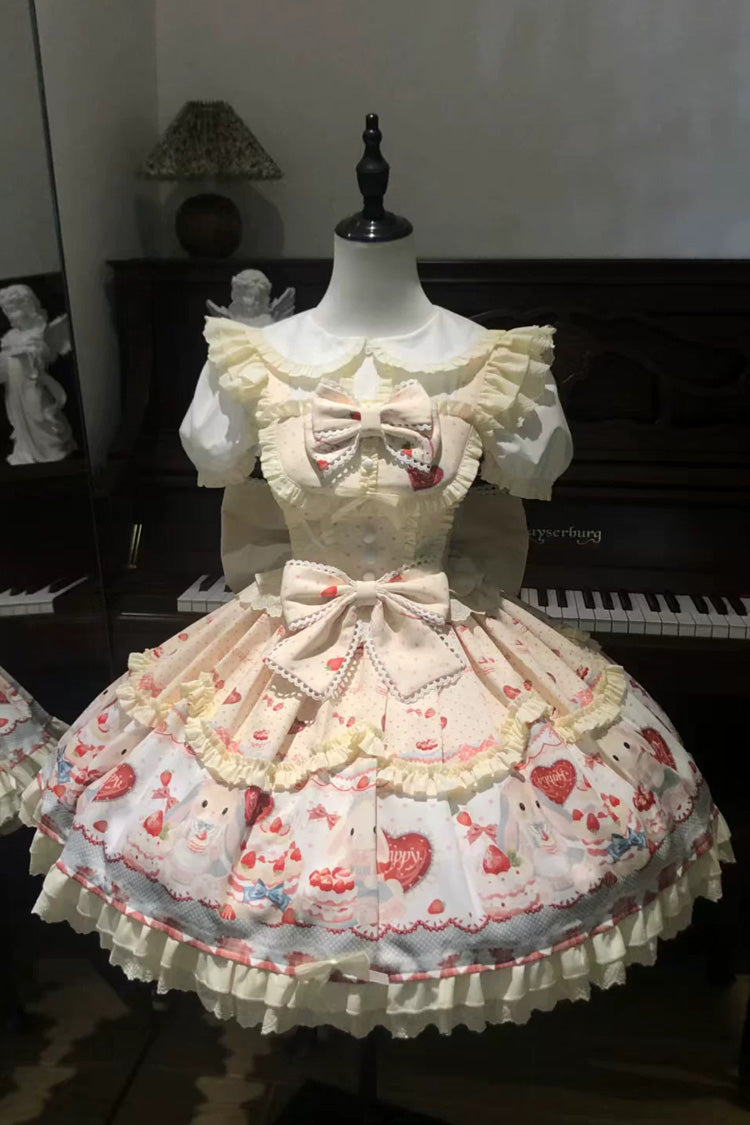 Yellow [Cute Rabbit Party] Sleeveless Double-Layered Printed Ruffled Bow Sweet Lolita Jsk Dress
